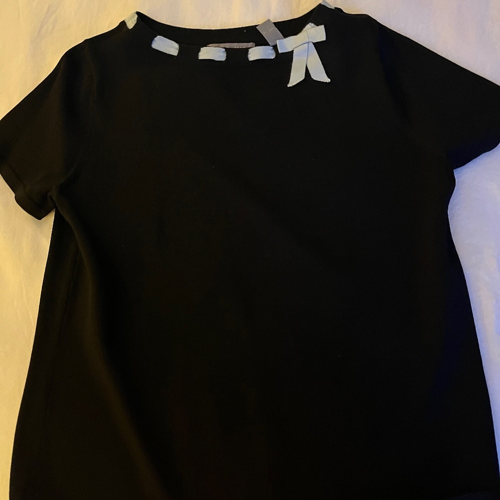 Knitted Short Sleeve Dark Blue Sweater w/Ribbon Petite Large